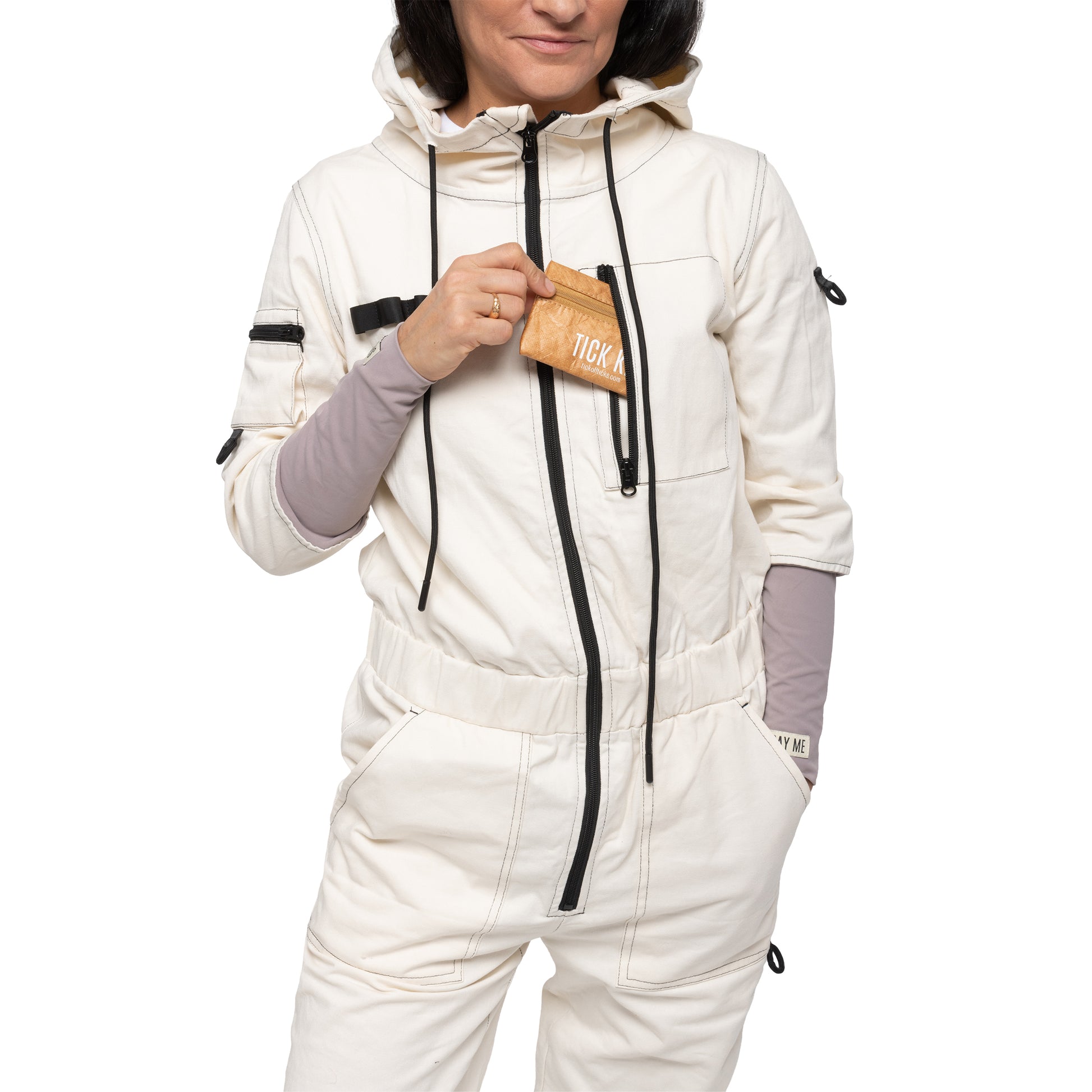 Model wearing Tick Off Ticks fashion-forward tick suit for tick protection.