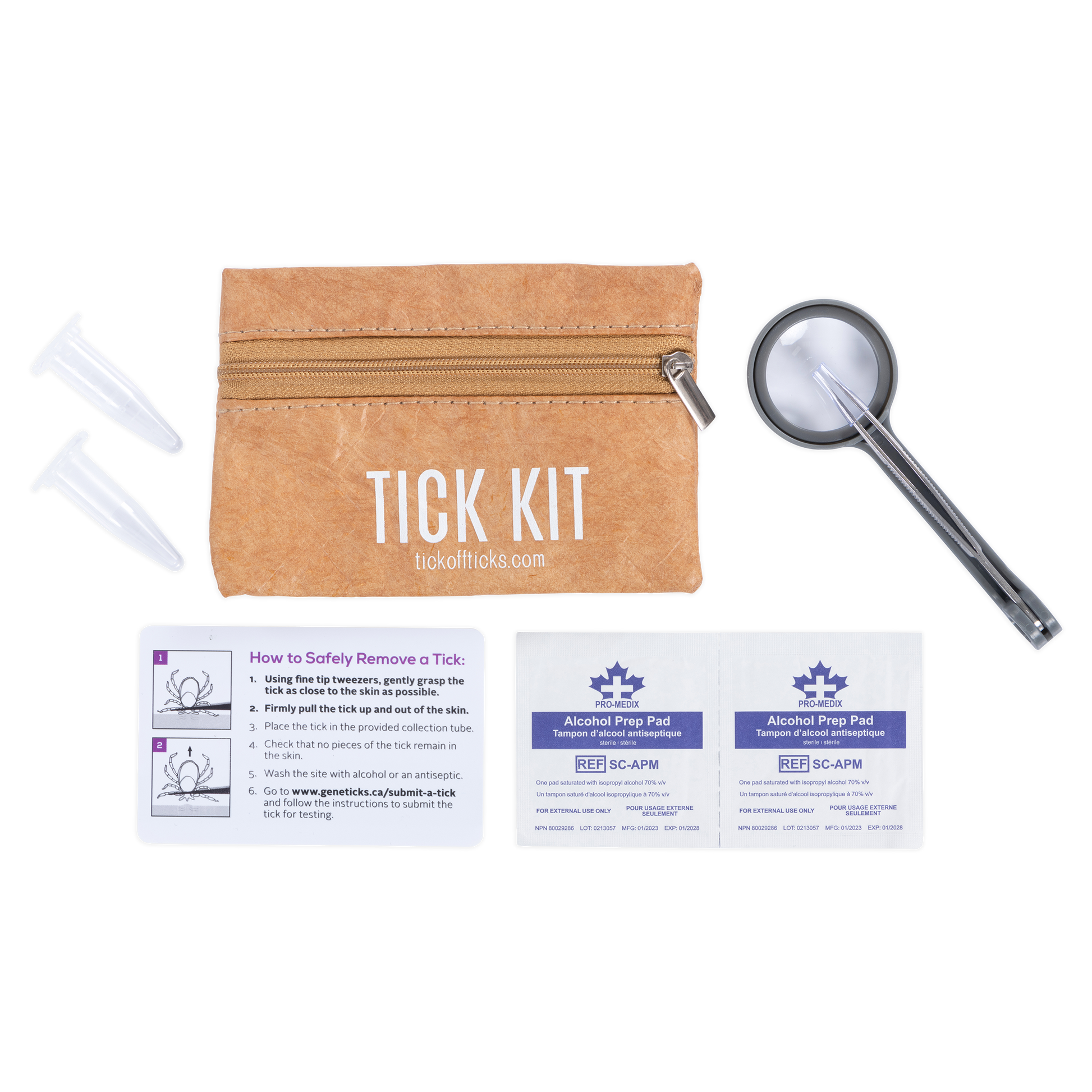 Tick removal kit packaging with contents displayed, including stainless steel tweezers, a magnifying glass, reference cards, alcohol wipes, and micro tubes.
